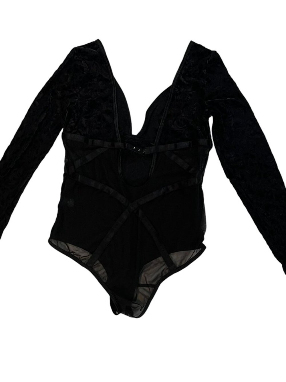 FREDERICK'S Hollywood Burnout Velvet Stretch Mesh Bodysuit Long Sleeve Black XL